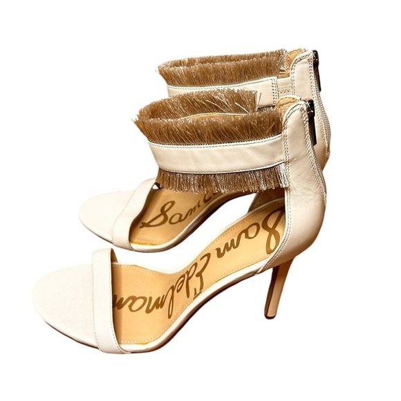 Sam Edelman Anabeth High Heels Sandals 8 Beige Leather Open Toe Zip Fringe - Picture 5 of 10